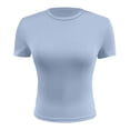 thumbnail image 4 of FINALGANG Womens Solid Color Crewneck Short Sleeve Crop Top Stretchy Slim Fit Casual Basic Tees For Summer Workout Daily Wear Blue S, 4 of 5