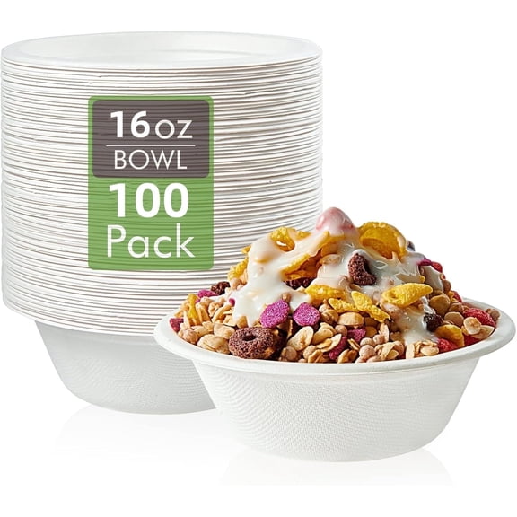 100PCS Biodegradable Paper Bowls-16OZ Compostable Bowls Heavy Duty Nature-Made by 100% Sugar Cane Fibers,Microwave Hot Food Safe