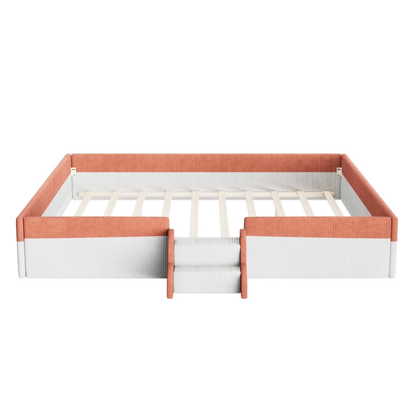 King Size Corduroy Upholstered Floor Bed Frame with Fence, Kids Low-Profile Platform Bed with 2-Tier Steps & Smart LED Lights