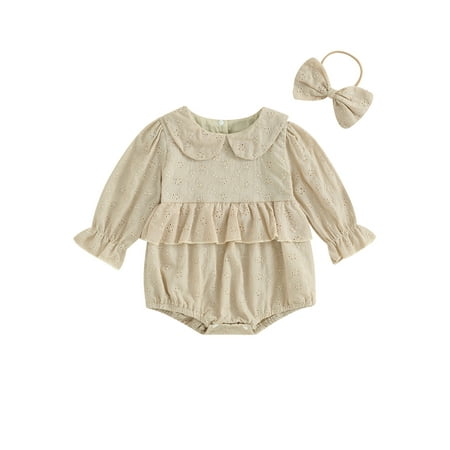 

Arvbitana Infant Baby Girls Cute Romper 0M 3M 6M 12M 18M Solid Color Doll Collar Long Sleeve Lace Cutout Ruffles Jumpsuit Newborn Bodysuits with Bow Headband