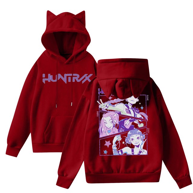 HUNTRX pop Huntrix Print Cat Ears Hoodie with De-mon Sweatshirt Trendy Pullover All-over Print Fashion Casual Long Sleeve Sweatshirt Pullover Casual Streetwear XL