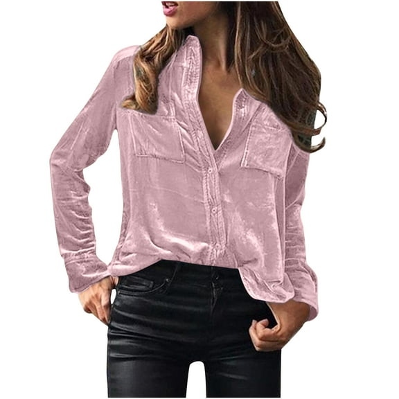 CQONEPT Women's Velour Tops Lapel Neck Button Down Long Sleeve Shirts Casual Fall Winter Tunic Tops with Pockets Pink XL