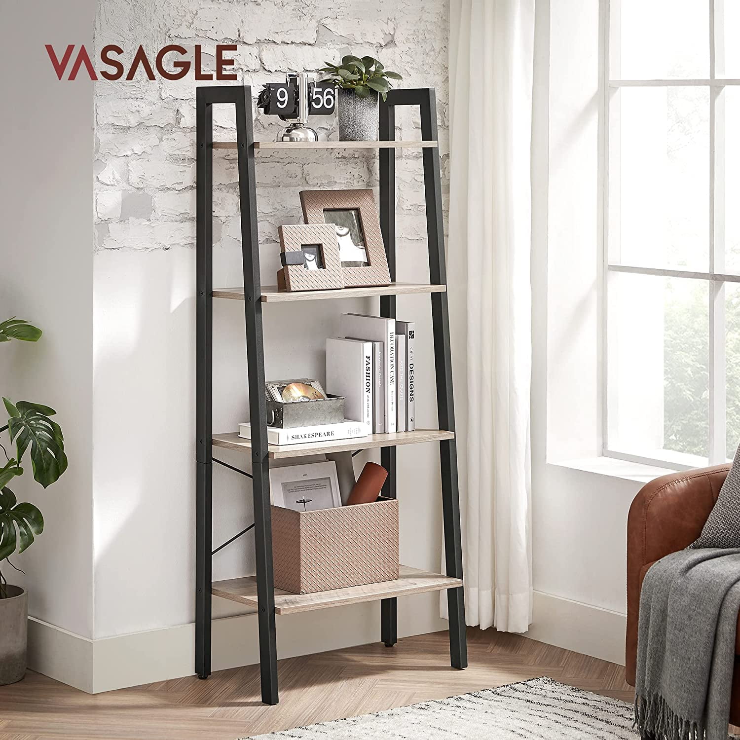 VASAGLE ALINRU Ladder Shelf, 4Tier Bookshelf, Greige and Black