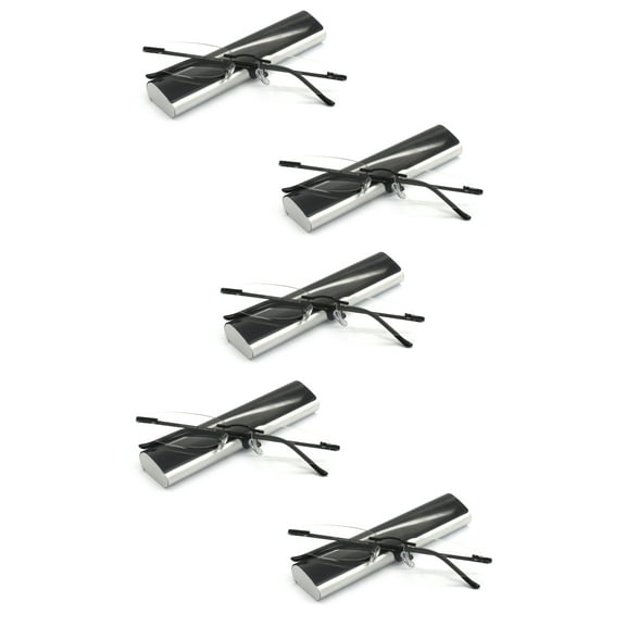EYE ZOOM 5 Pack Compact Metal Rimless Reading Glasses with Light Slim Case for Men and Women, Black,  2.75