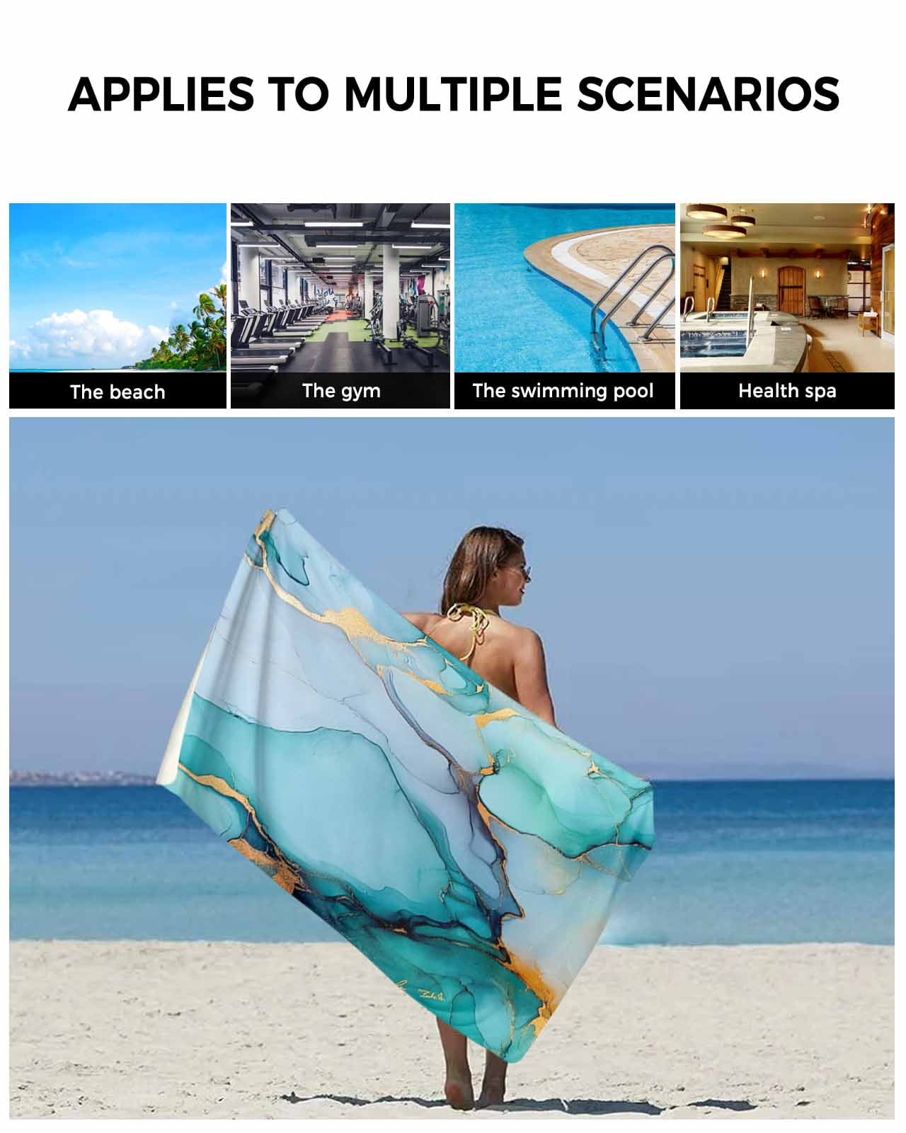 Turquoise Marble Towel Set of 3, Soft Microfiber Bath Towels, Hand Towel, Washcloths, Abstract Green Modern Luxury Cracks Quick-Dry Absorbent Towels for Bathroom Kitchen Hotel Beach Gym Spa