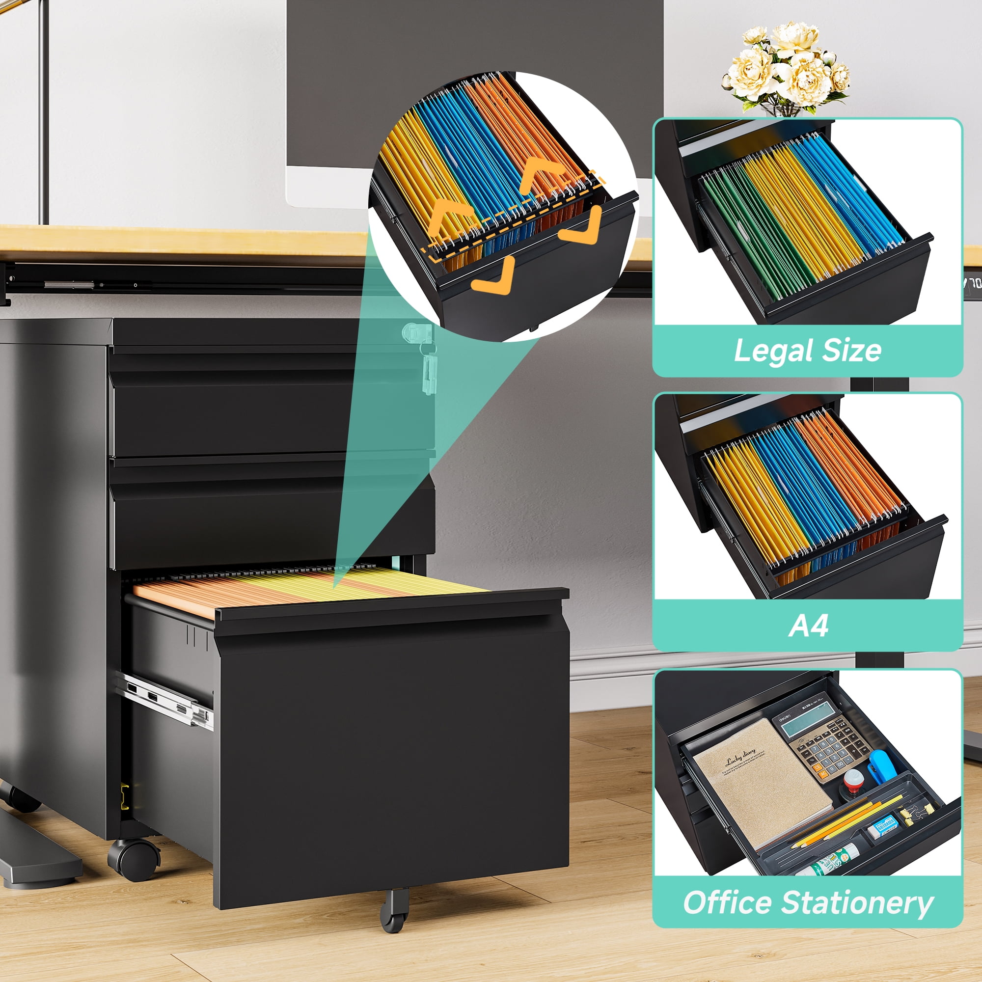 STANI 3 Drawers Mobile File Cabinet, Metal File Cabinets with Lock, Under Desk Rolling Filing Cabinet for Home Office Fit Letter/Legal/A4 Size (Unassembled,Black)