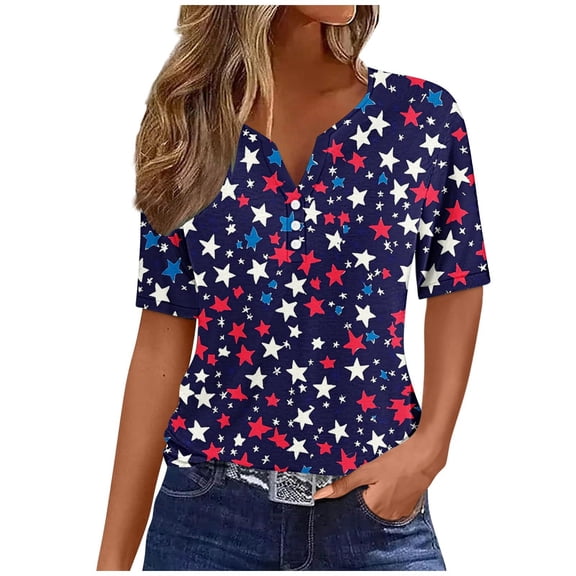 Womens 4Th of July Summer Tops Henley Neck Tee Short Sleeve T Shirts Pullover Sweater Blouses Usa Flag Star Stripe Top Vintage Causal T-Shirts Holiday Beach Party Outfits