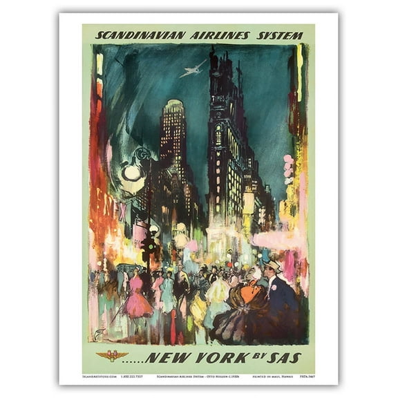 New York by SAS - Scandinavian Airlines System - New York City Times Square - Vintage Airline Travel Poster by Otto Nielsen 1952 - Master Art Print (Unframed) 9in x 12in