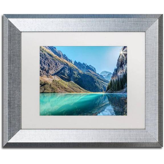 Trademark Fine Art 'Lake Louise Sunburst' Canvas Art by Pierre Leclerc, White Matte, Silver Frame