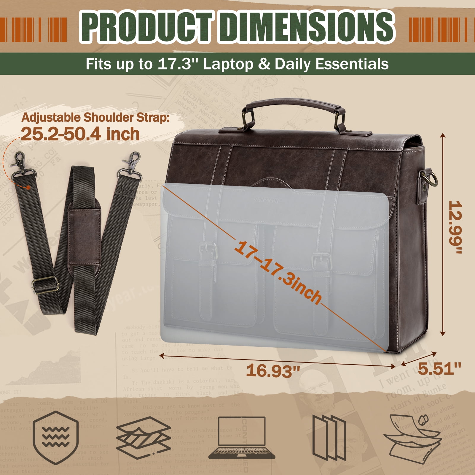 RAINSMORE Mens Messenger Bag 17 Inch Vintage Leather Laptop Bag Magnetic Closure Large Satchel Computer Briefcase Shoulder Bag,Coffee