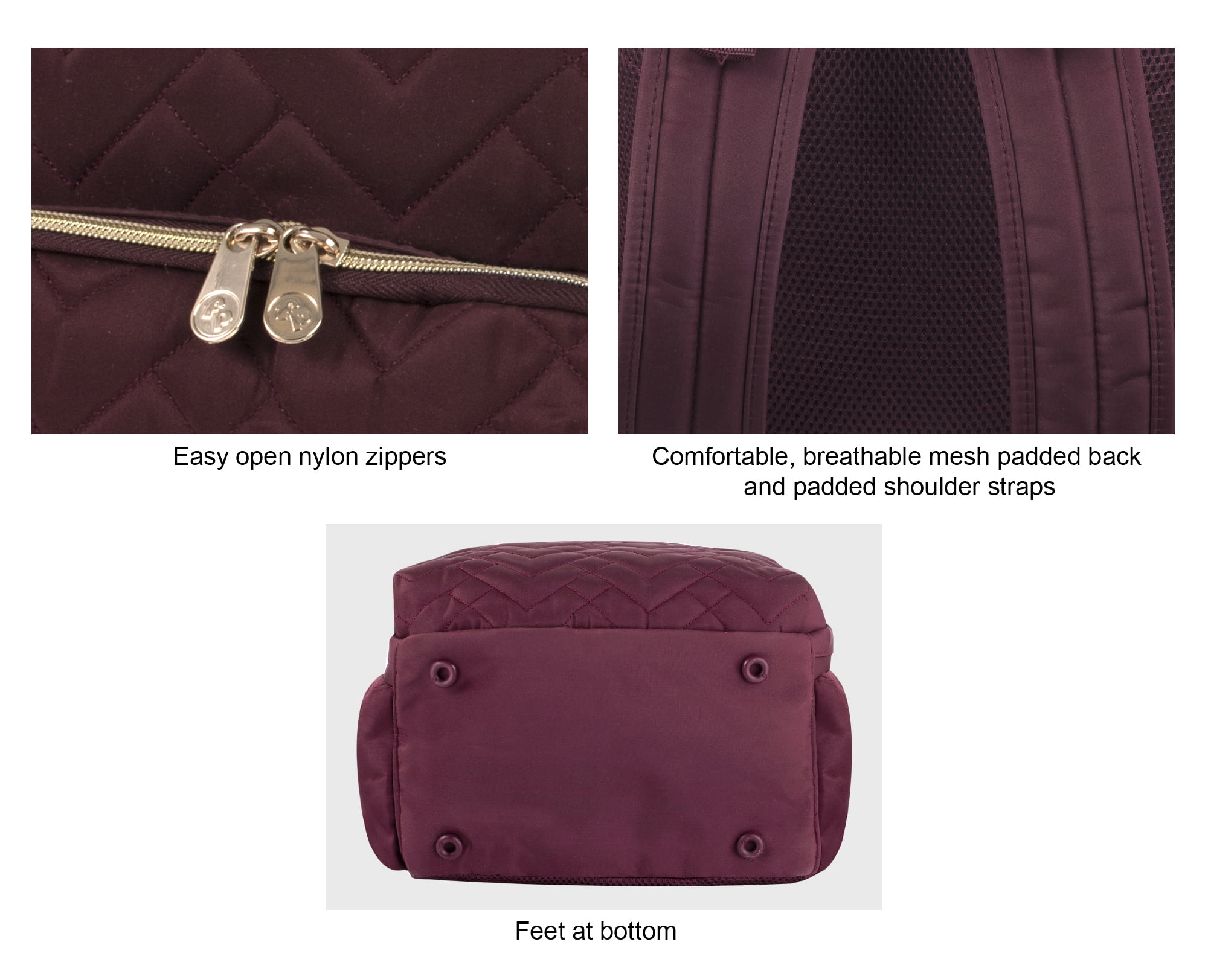 Fisher-Price 17”L Signature Morgan Quilted Multi-Pocket Diaper Bag Backpack with Matching Changing Pad, Insulated Bottle Pocket, Tablet Pocket and Stroller Straps in Burgundy