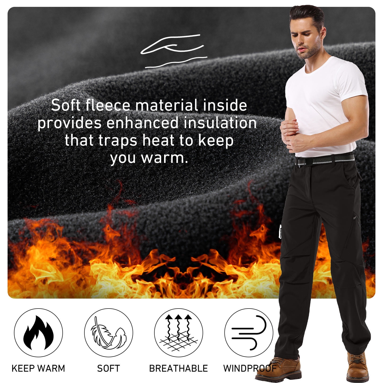 FEN AI Fleece Lined Hiking Snow Pants for Men Waterproof Warm Softshell Trousers Ski Pants Windproof Cargo Pants for Winter Outdoor
