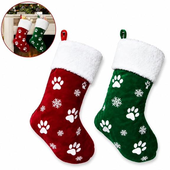 Christmas Stockings 2 Pcs 18 Inch Xmas Stockings with Plush Cuff, Large Holiday Stockings for Pets, Christmas Pet Stocking Family Set, Christmas Stocking Holders (Red&Green)