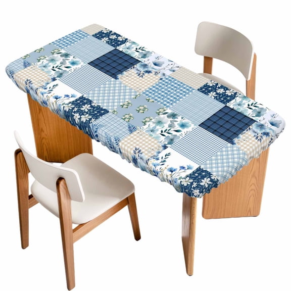 Blue Floral Table Cloths for 4 Foot Rectangle Tables, Spring Flowers Plants Patchwork Grid Bohemia Patio Waterproof Elastic Fitted Tablecloths, Washable Rectangular Table Cover for Camping