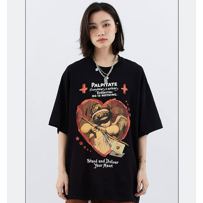 CoCopeaunt Men Women Y2K Vintage T-Shirt Angel Graphic Streetwear Gothic  Harajuku Preppy Short Sleeve Shirt Cupid Heart Retro Tee Tops 