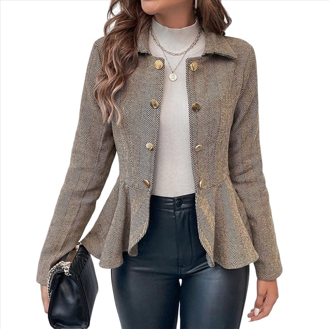 Elegante Blazer para Mujer, para Oficina, Trabajo, Negocios, con Dobladillo Peplum, Chaqueta Abierta con Diseño de Camello L
