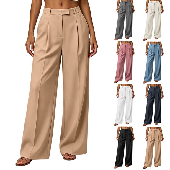 VBVC Women's Pleated Wide Leg Dress Pants , High Waisted Office Trousers For Women , Ladies' Casual Work Trousers with Pockets, Khaki , S-2XL