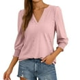 thumbnail image 3 of BangWanChi Women's Casual T-Shirts Fashion Ladies Solid 3/4 Length Sleeve Smocked Cuffed V-Neck Shirt Pink XXL, 3 of 5