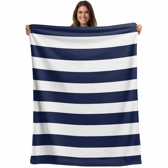 Flannel Fleece Throw Blanket Navy Blue Stripe Summer Nautical Theme Lightweight Soft Plush Blankets,White Geometric Lines Cozy Warm Throw Blanket for Couch Sofa Bed Car Office All Season Use 40x50in
