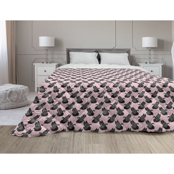 Swan Down Alternative Comforter, Dark Color Swans on Pale Blue Backdrop with Little Black Circles and Red Dots, Microfiber Quilt for All Season, 5 Sizes, Grey Pale Blue Red, by Ambesonne