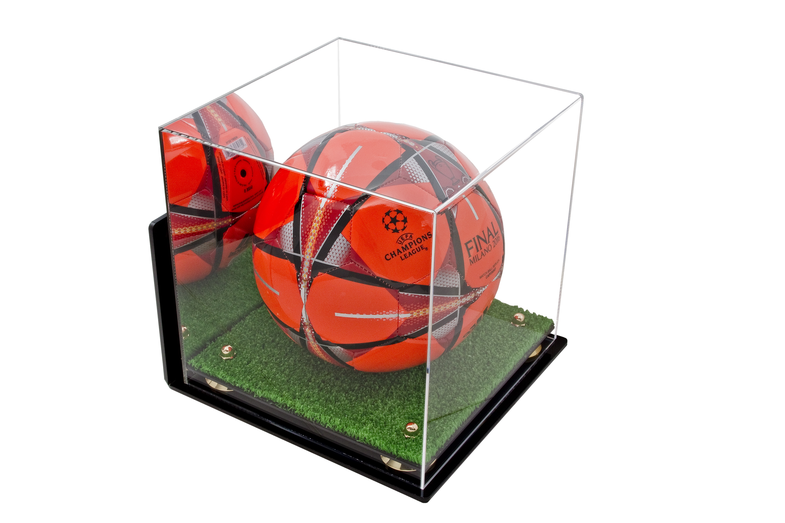 Deluxe Acrylic Soccer Ball Display Case with Gold Risers Mirror, Turf