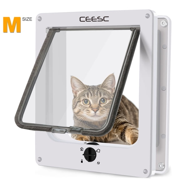 CEESC Medium Cat Door for Interior/Exterior Door, Weatherproof, White, Rotary 4 Way Locking Pet Door for Cats and Dogs with Circumference Under 15.75", Upgraded Version