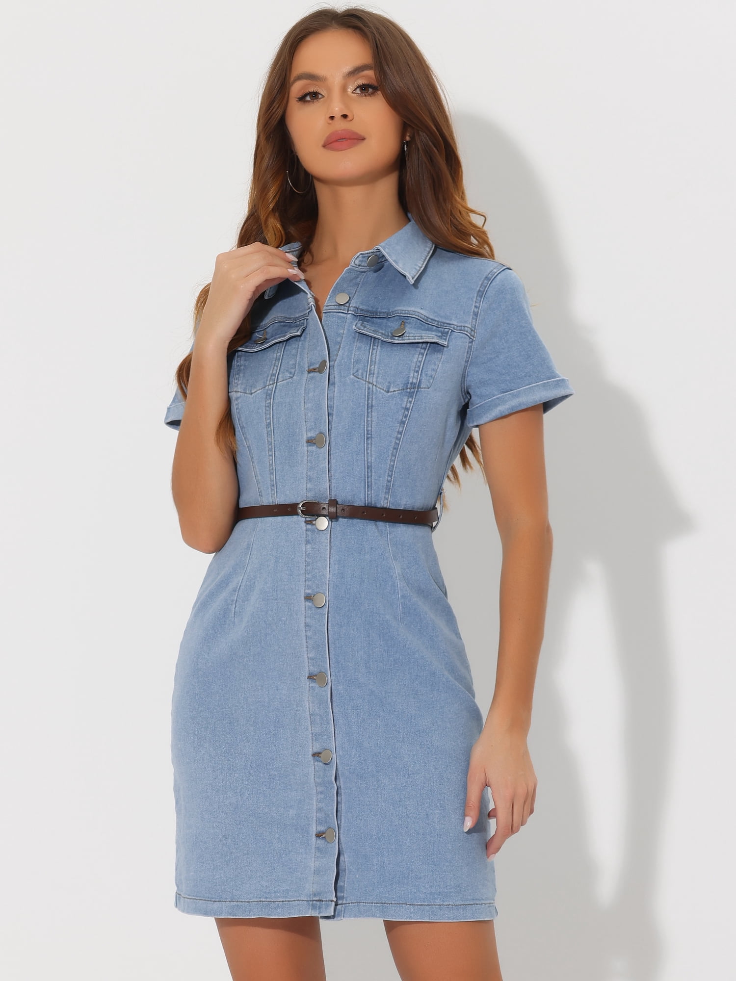 DARING DIVA Casual Collared Short Sleeve Denim Shirt Dress XS Blue S Light Blue
