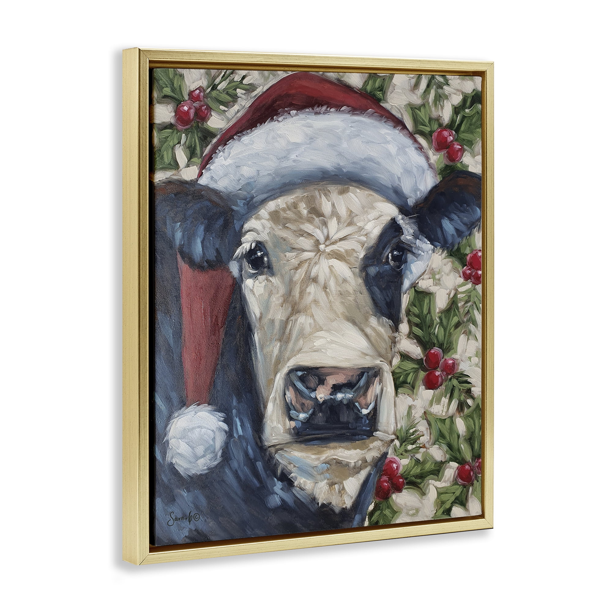 Stupell Industries Cow with Festive Holly Holiday Painting Gold Floater Framed Art Print Wall Art, 25 x 31