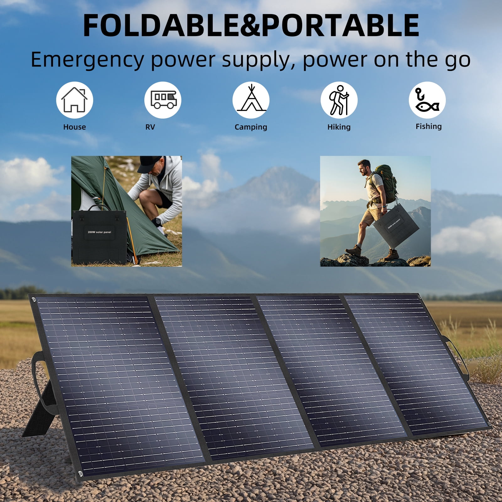 SolarPlay 200W Foldable Solar Panel High Efficiency Portable Charger IP65 Waterproof Backup Power Supply with Kickstand for Camping Emergency RV Outdoor Use