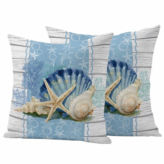 Pack of 2 Blue Coastal Starfish Outdoor Pillow Covers Decorative, Waterproof Pillow Protector, Vintage Wooden Nautical Coral Summer Throw Pillowcases Accent Cushion Cases for Patio Couch Sofa 26"x26"
