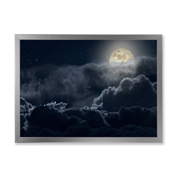 Designart 'Cloudy Full Moon Night With Stars' Nautical & Coastal Framed Art Print