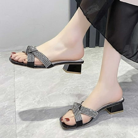 

AXXD Black Sandals for Women 7 Summer Size Rhinestone Sandals With High Heels And Chunky Sandals