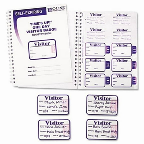C-Line Time's Up Self-Expiring Visitor Badges w/Registry Log- 2 x 3- White- 150/Box