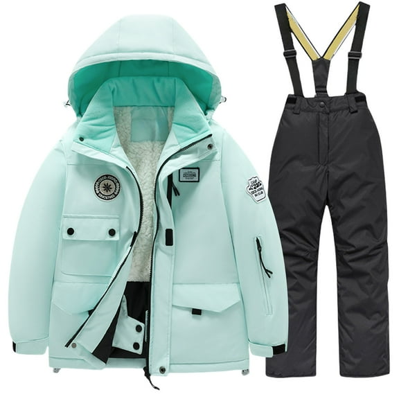 Coerni Boys Girls Thick Ski Suits Sets Outdoor Windproof Hooded Jacket Outwear with Bib Pants 2Pcs Outfits Fall Winter