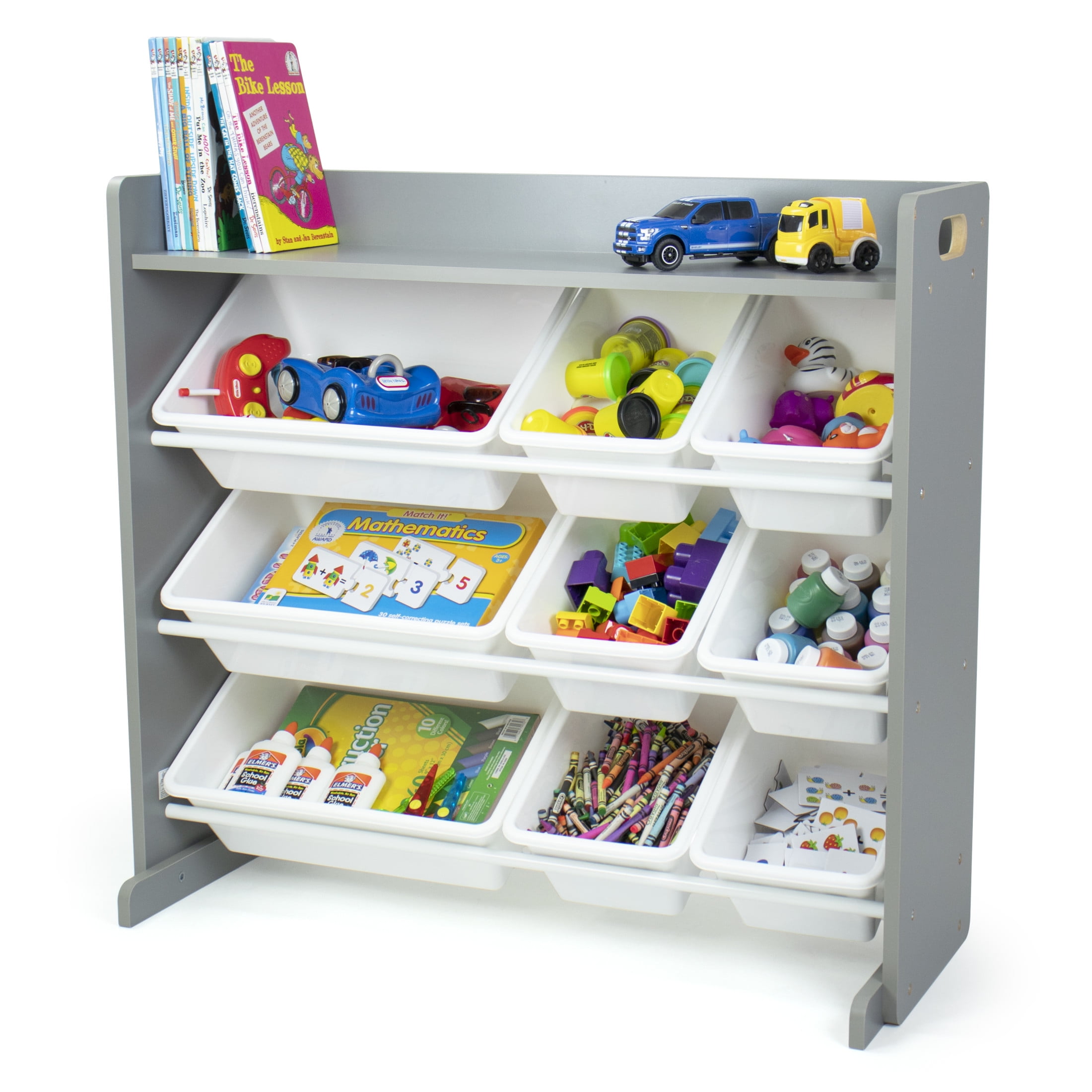 Humble Crew Kids Toy Storage Organizer with Shelf and 9 Plastic Storage Bins, Light Grey/White