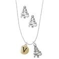 thumbnail image 1 of Delight Jewelry Goldtone Capital Letter - V - Pebble Disc - Silver tone Zig Zag Christmas Tree Charm Necklace and Stud Earrings, 1 of 4