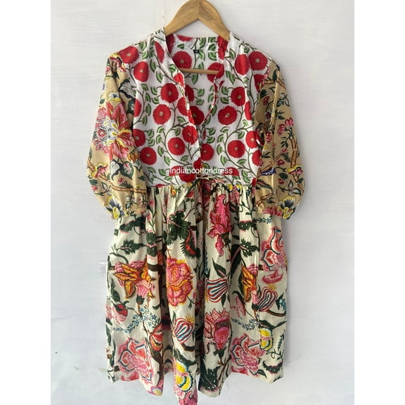 Patchwork Pattern, Floral Design Dresses, Handmade Cotton Dress, Block Printed Dresses, Hand Printed Dress,Cotton, Patch Dress, Long Dresses