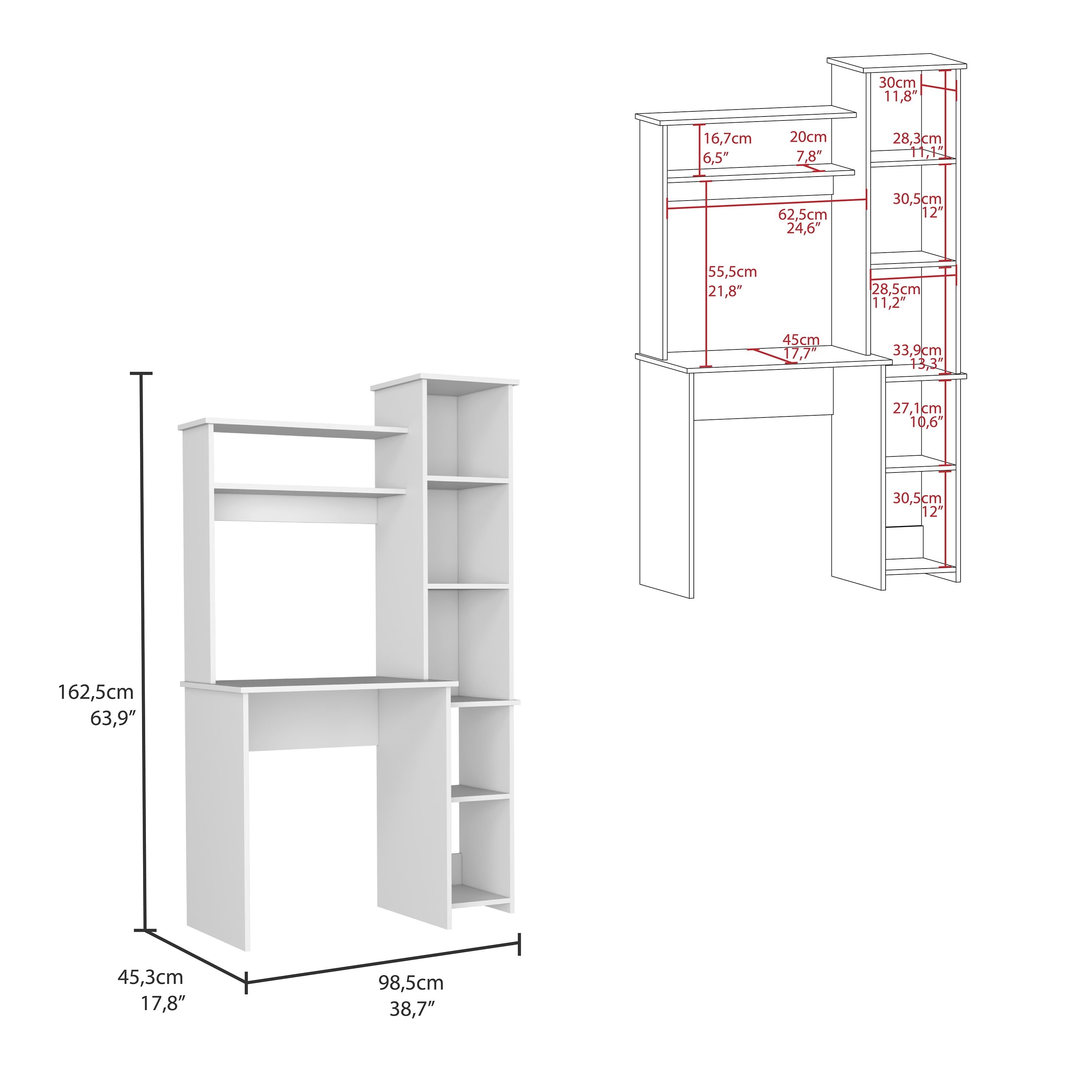 Astoutdoor Versalles Writing Desk with Two Shelves and Five Cubbies, White