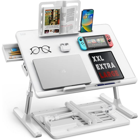 Laptop Bed Tray Table,  Adjustable Bed Desk for Laptop, Foldable Laptop Stand with Storage Drawer for Eating, Working, Writing, Gaming, Drawing (White, X-Large)