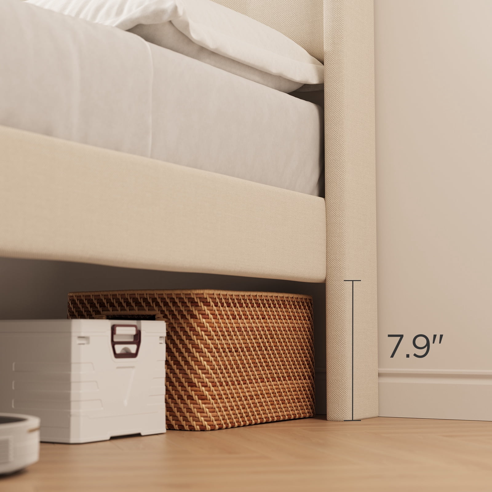 Noelse 3-Piece Bedroom Furniture Set, Full Size Bed Frame with Upholstered Headboard & 2 Nightstands, Under Bed Storage, Noise-Free, Beige and White