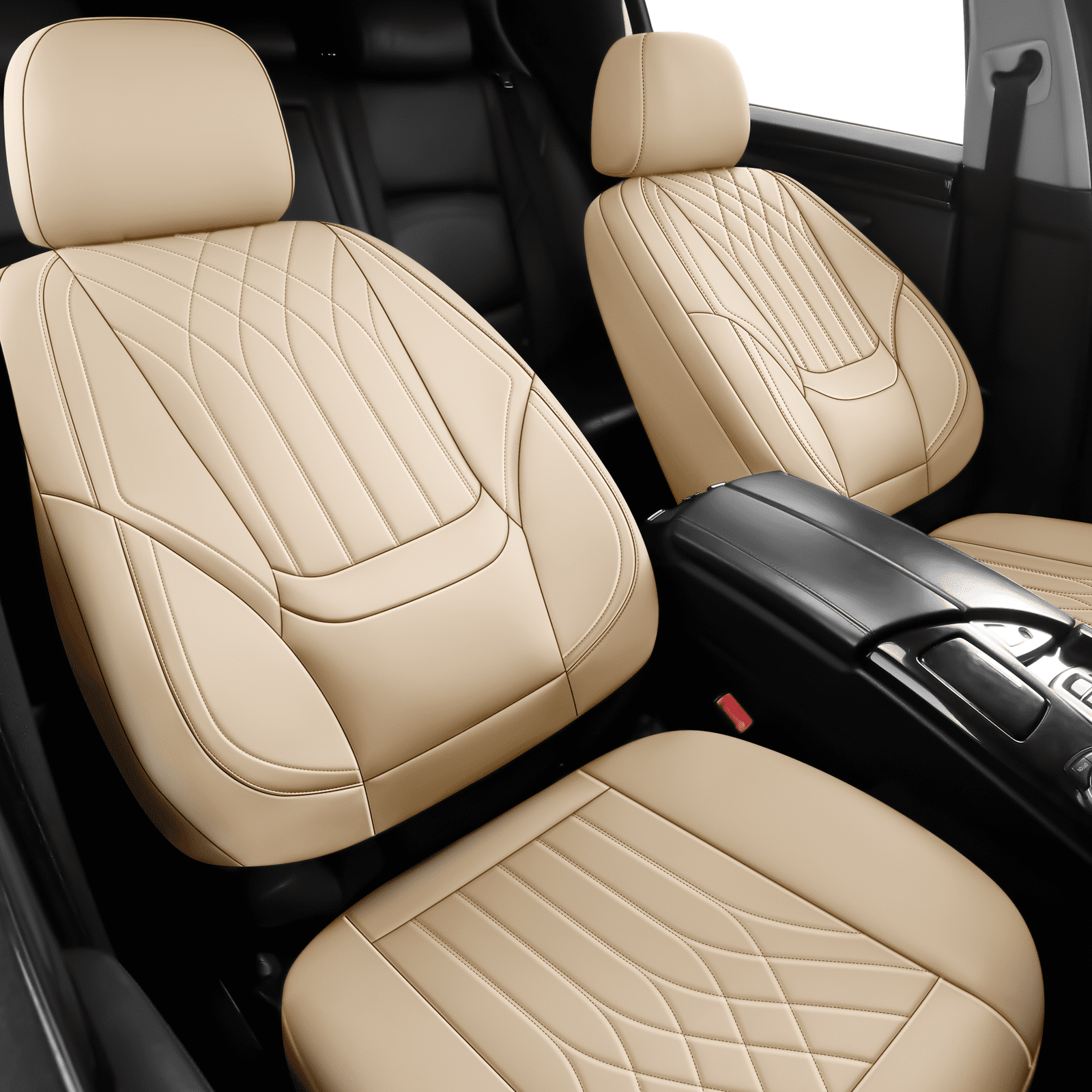 NS YOLO Premium Leather Car Seat Covers Front | Universal Car Seat Covers for Cars, Trucks & SUVs | Waterproof Front Seat Protectors, Beige