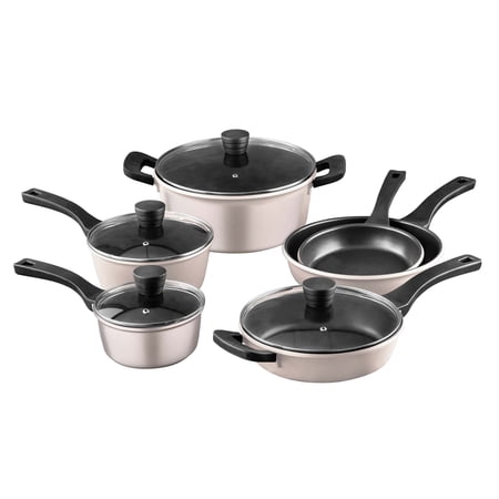 Retro by Bergner - 10 Pc Non Stick Cast Aluminum Pots and Pans Cookware Set  10 Pieces  Champagne
