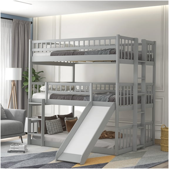CHAMPFLAG Full Size Triple Bunk Bed with Slide, 3 Tier Bunk Bed with Convertible Ladder, Solid Wood Frame, Space Saver for Bedroom, Gray