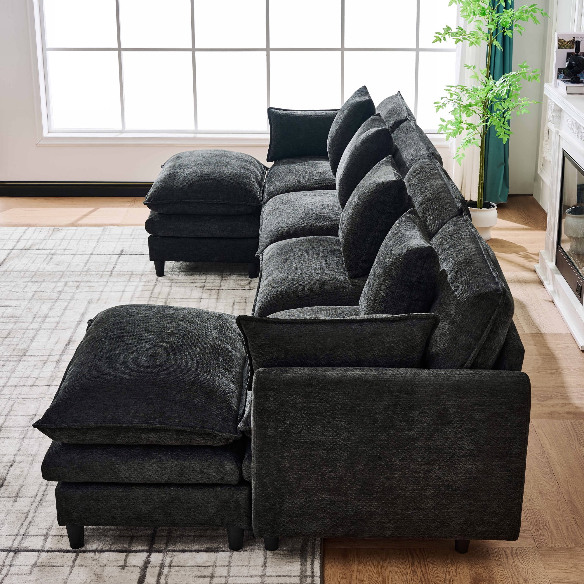 U-Shaped Modular Sectional Sofa with 2 Movable Ottomans and 6 Cushions, 140.9-Inch Soft Chenille Fabric Corner Couch for Living Room, Black