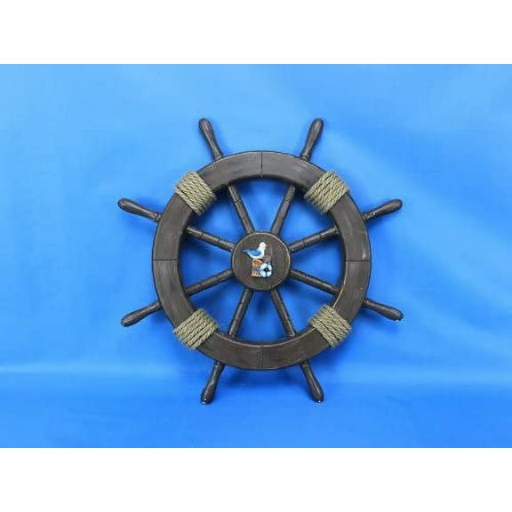 Rustic Wood Finish Ship Wheel with Seagull and Lifering 18" - Ship Wheel