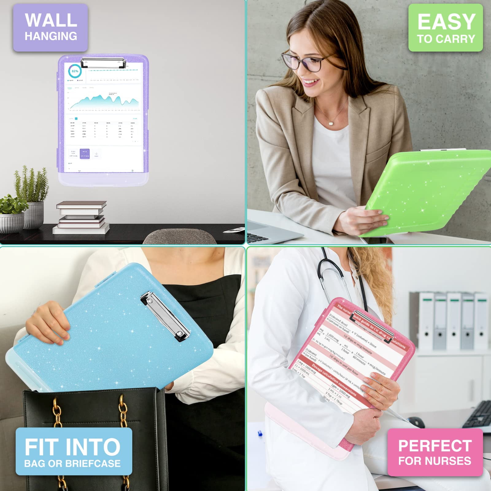 Glitter Clipboard With Storage  High Capacity Clip Boards 8.5x11 Pen Holder Cute Clipboards Low Profile Sparkle Plastic Organizer Case Box For Women & Side Opening