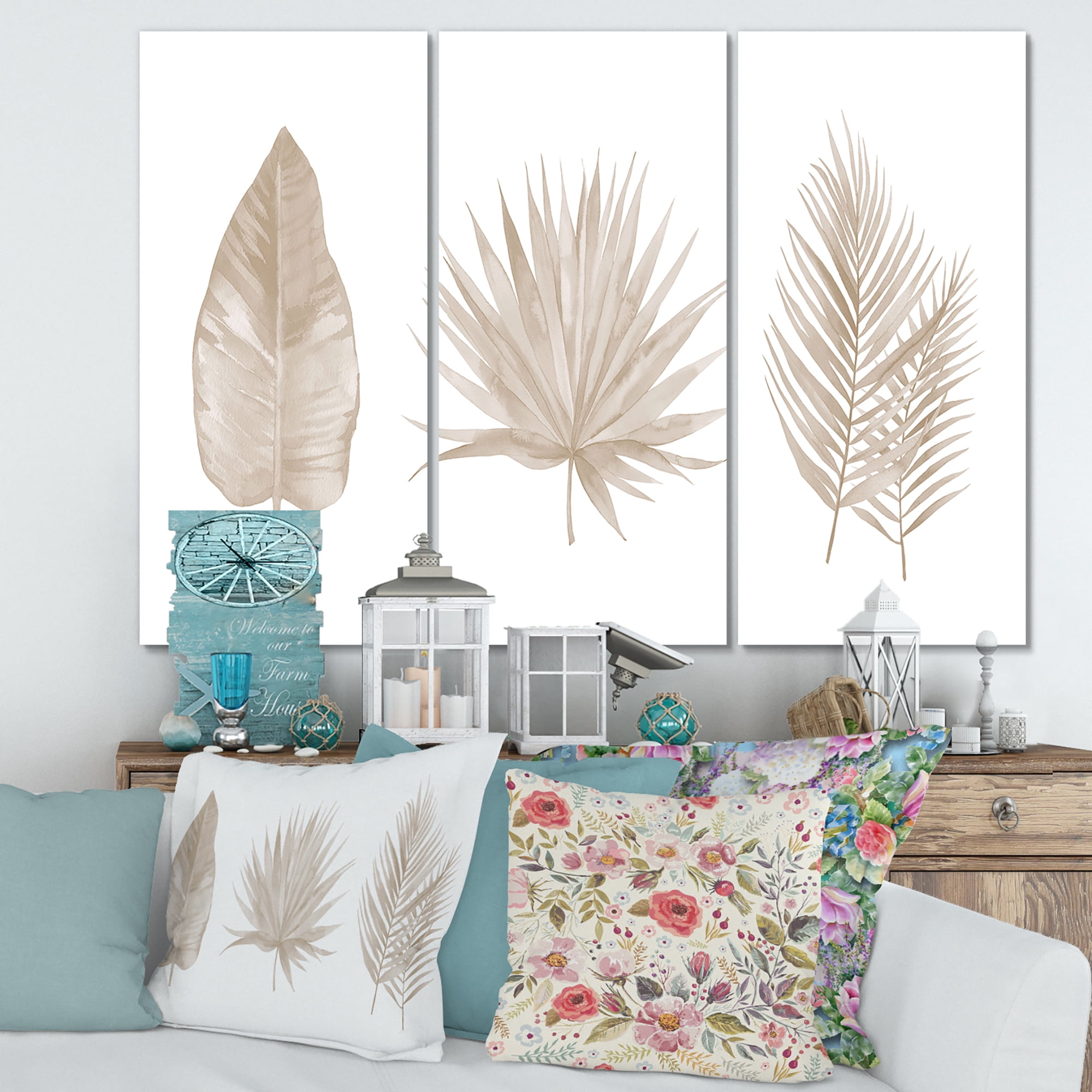 Designart ' Tropical Beiges Leaves On White ' Traditional Canvas Wall Art Print