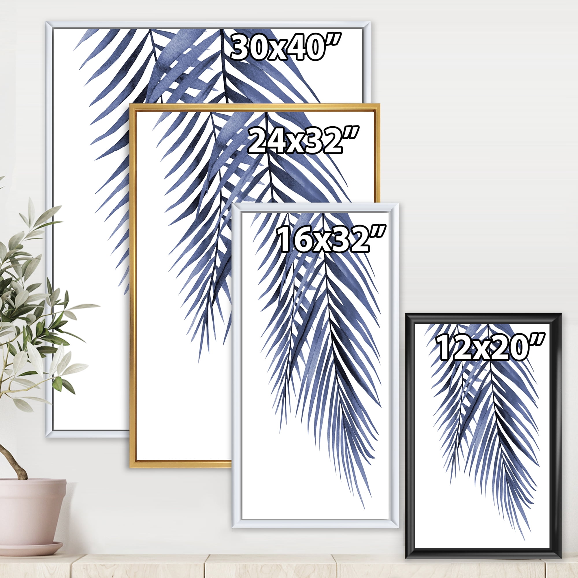 Designart 'Abstract Blue Palm Leaves Tropical Branches' Traditional Framed Canvas Wall Art Print