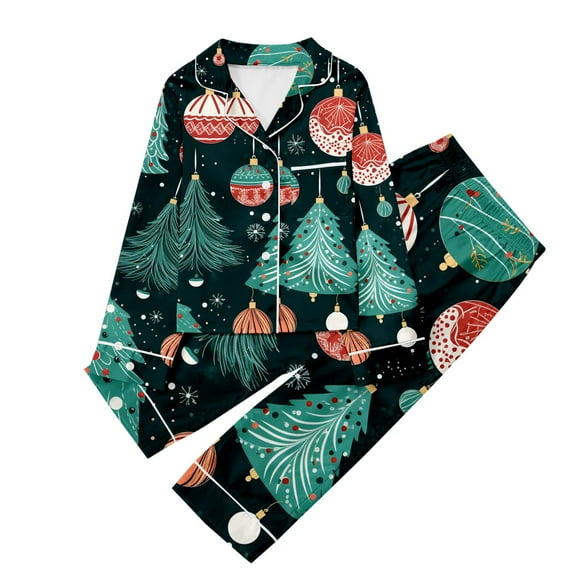 AOMPMSDX Girls Sleepwear Robes Children's Christmas Print Long Sleeve Trousers Cardigan Children's Pyjamas Two Sets 11 Years-12 Years