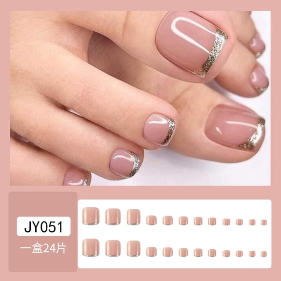 Naked powder silver flash French toenail, foreign trade hot-selling light luxury wearing nail 24 pieces finished toenail patch